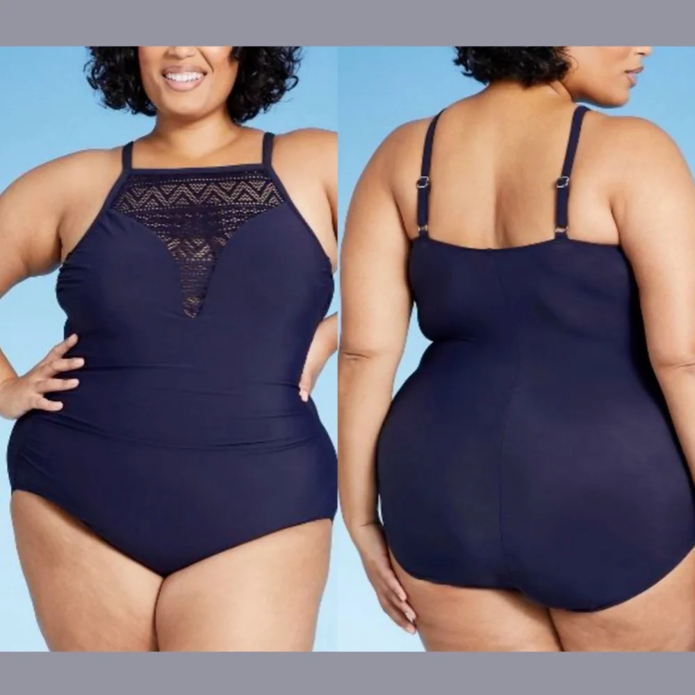 NWT Aqua Green [‎ Plus 20W ] Crochet High Neck One Piece Swimsuit Navy